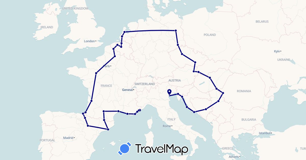 TravelMap itinerary: driving in Andorra, Austria, Bosnia and Herzegovina, Belgium, Czech Republic, Germany, Spain, France, Croatia, Hungary, Italy, Monaco, Netherlands, Romania, Serbia, Slovakia (Europe)